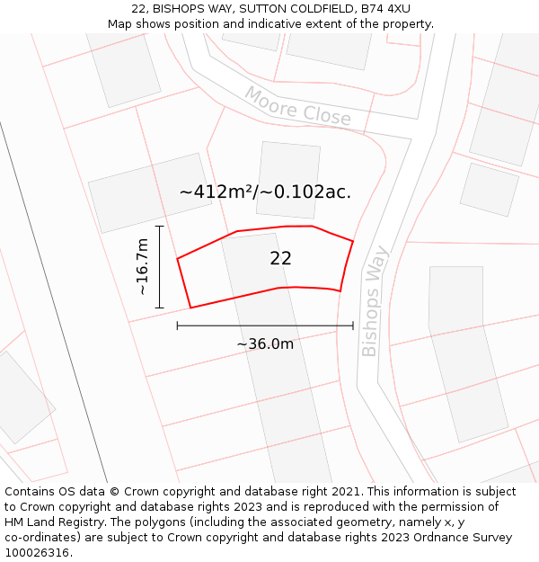 22, BISHOPS WAY, SUTTON COLDFIELD, B74 4XU: Plot and title map