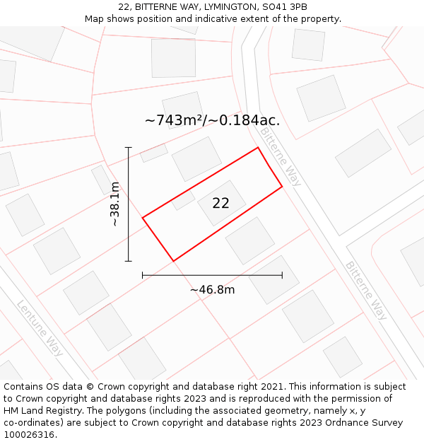 22, BITTERNE WAY, LYMINGTON, SO41 3PB: Plot and title map
