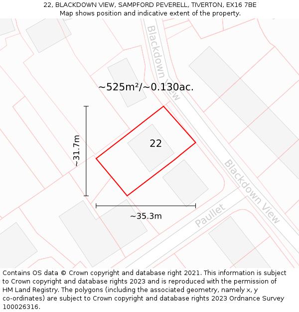 22, BLACKDOWN VIEW, SAMPFORD PEVERELL, TIVERTON, EX16 7BE: Plot and title map