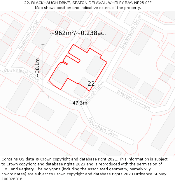 22, BLACKHAUGH DRIVE, SEATON DELAVAL, WHITLEY BAY, NE25 0FF: Plot and title map