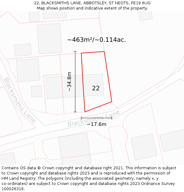 22, BLACKSMITHS LANE, ABBOTSLEY, ST NEOTS, PE19 6UG: Plot and title map