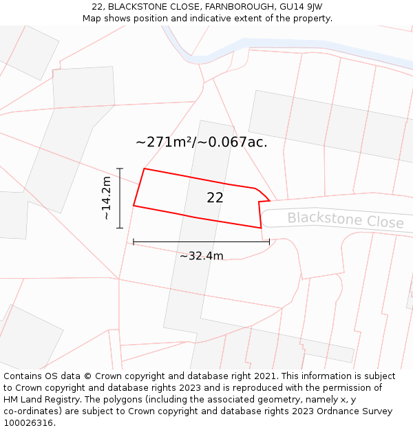 22, BLACKSTONE CLOSE, FARNBOROUGH, GU14 9JW: Plot and title map