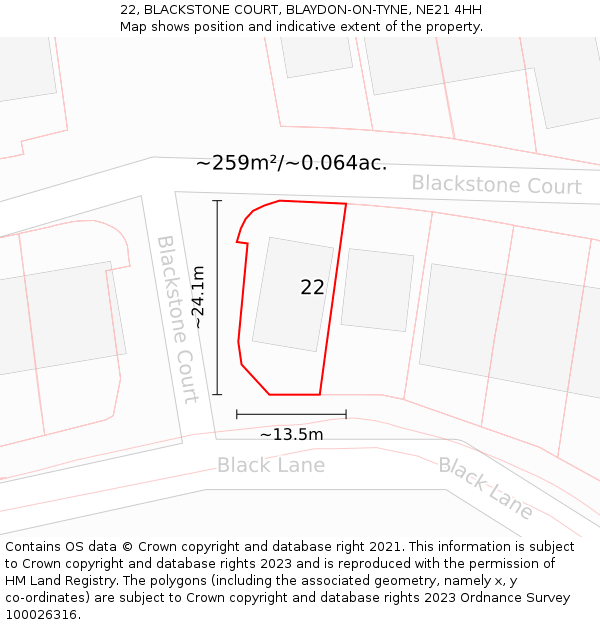 22, BLACKSTONE COURT, BLAYDON-ON-TYNE, NE21 4HH: Plot and title map