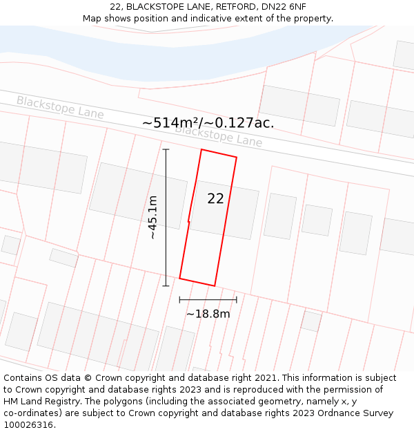 22, BLACKSTOPE LANE, RETFORD, DN22 6NF: Plot and title map