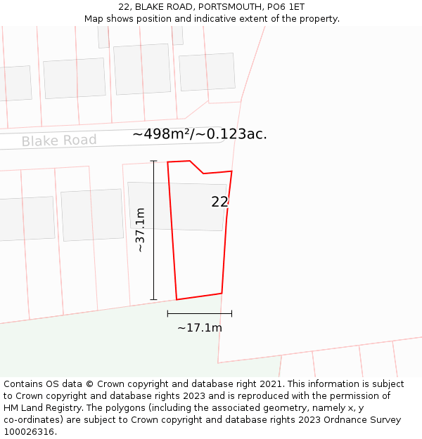 22, BLAKE ROAD, PORTSMOUTH, PO6 1ET: Plot and title map