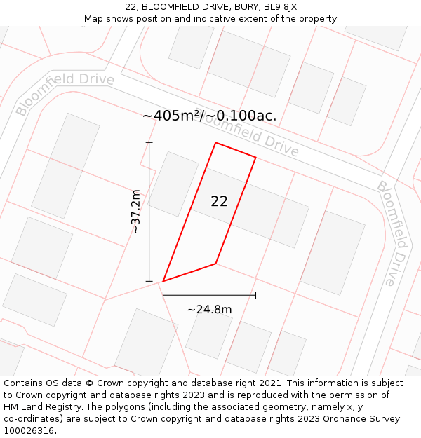 22, BLOOMFIELD DRIVE, BURY, BL9 8JX: Plot and title map