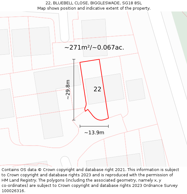 22, BLUEBELL CLOSE, BIGGLESWADE, SG18 8SL: Plot and title map