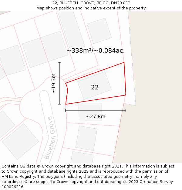 22, BLUEBELL GROVE, BRIGG, DN20 8FB: Plot and title map