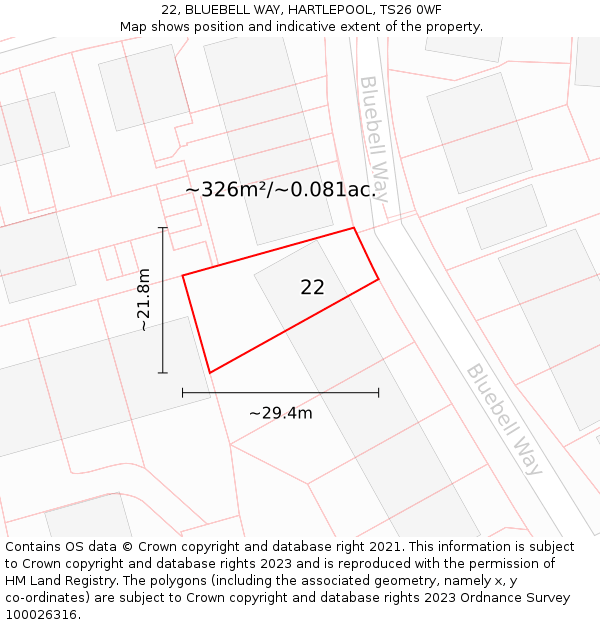 22, BLUEBELL WAY, HARTLEPOOL, TS26 0WF: Plot and title map