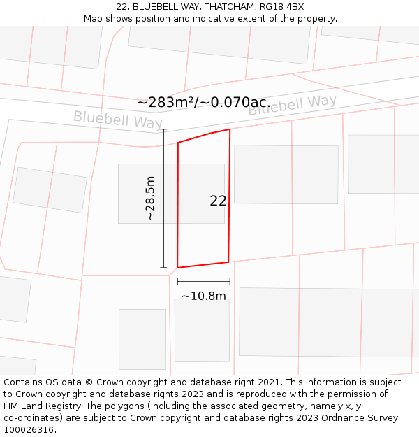 22, BLUEBELL WAY, THATCHAM, RG18 4BX: Plot and title map