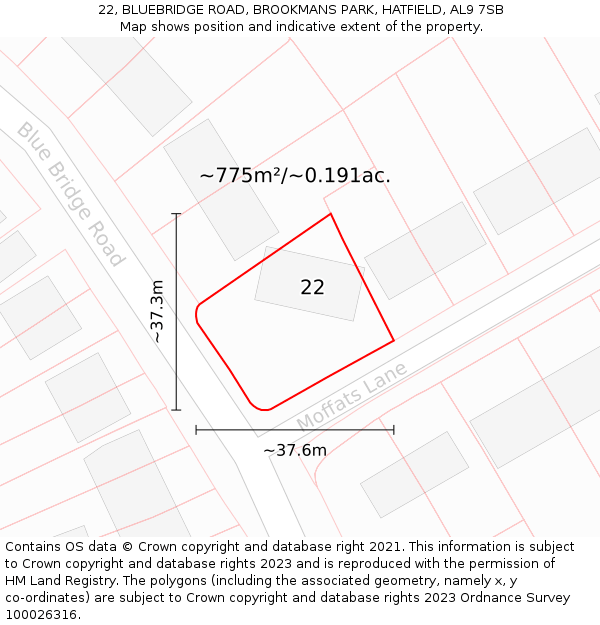 22, BLUEBRIDGE ROAD, BROOKMANS PARK, HATFIELD, AL9 7SB: Plot and title map