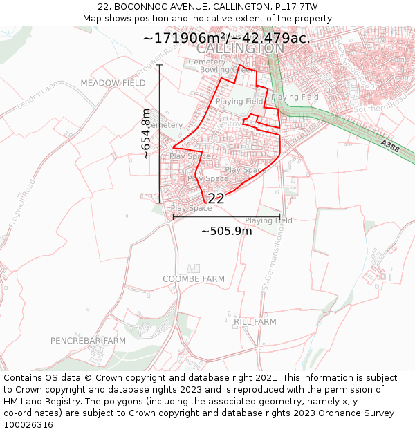 22, BOCONNOC AVENUE, CALLINGTON, PL17 7TW: Plot and title map