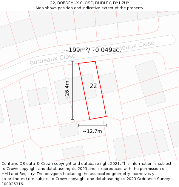 22, BORDEAUX CLOSE, DUDLEY, DY1 2UY: Plot and title map