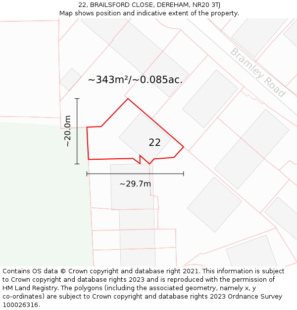 22, BRAILSFORD CLOSE, DEREHAM, NR20 3TJ: Plot and title map