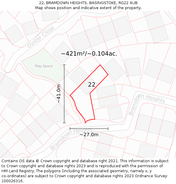 22, BRAMDOWN HEIGHTS, BASINGSTOKE, RG22 4UB: Plot and title map