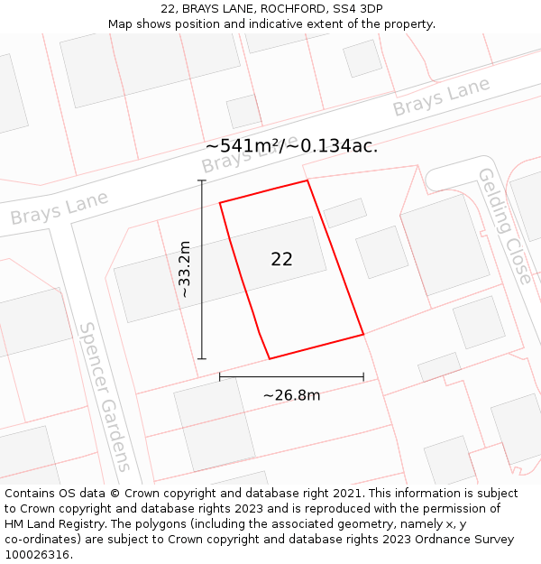 22, BRAYS LANE, ROCHFORD, SS4 3DP: Plot and title map