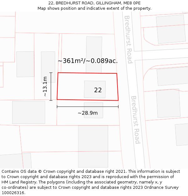 22, BREDHURST ROAD, GILLINGHAM, ME8 0PE: Plot and title map