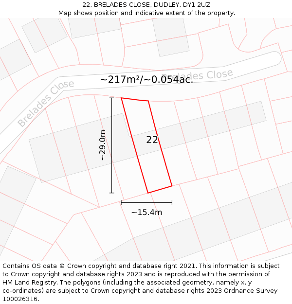 22, BRELADES CLOSE, DUDLEY, DY1 2UZ: Plot and title map