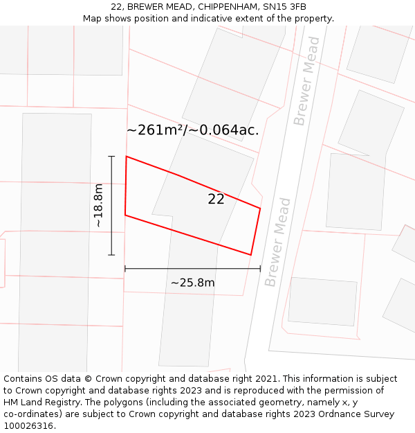 22, BREWER MEAD, CHIPPENHAM, SN15 3FB: Plot and title map