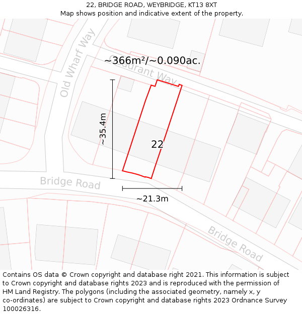 22, BRIDGE ROAD, WEYBRIDGE, KT13 8XT: Plot and title map