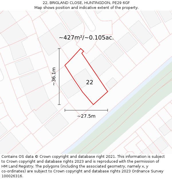 22, BRIGLAND CLOSE, HUNTINGDON, PE29 6GF: Plot and title map