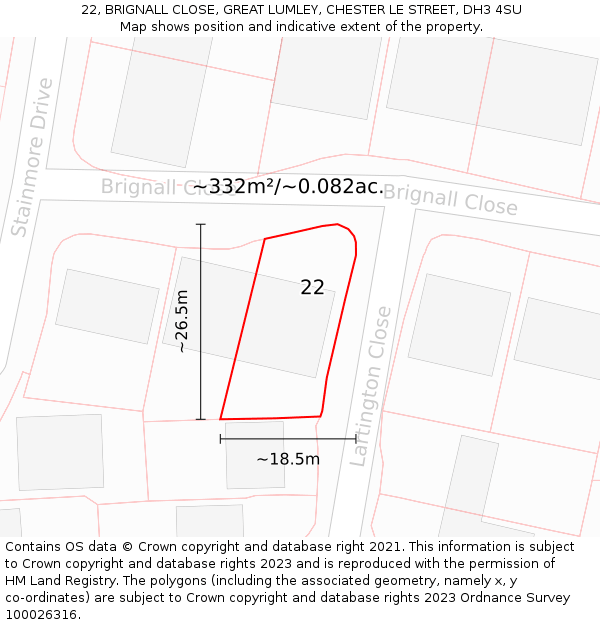 22, BRIGNALL CLOSE, GREAT LUMLEY, CHESTER LE STREET, DH3 4SU: Plot and title map