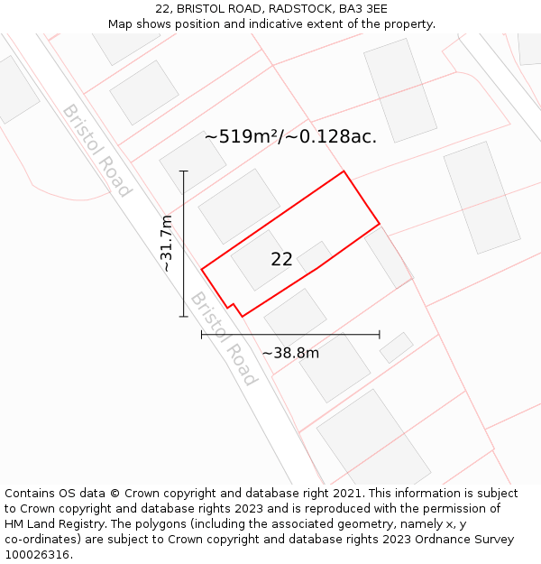 22, BRISTOL ROAD, RADSTOCK, BA3 3EE: Plot and title map