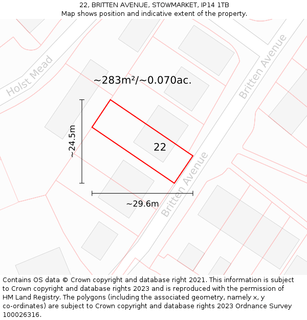 22, BRITTEN AVENUE, STOWMARKET, IP14 1TB: Plot and title map