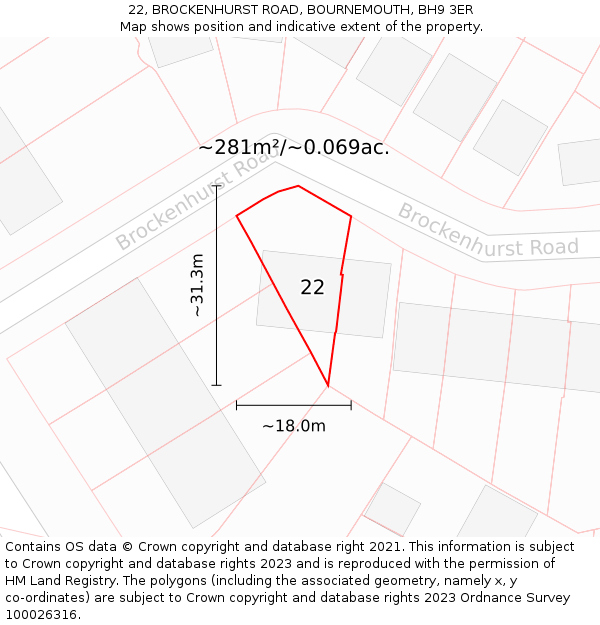22, BROCKENHURST ROAD, BOURNEMOUTH, BH9 3ER: Plot and title map