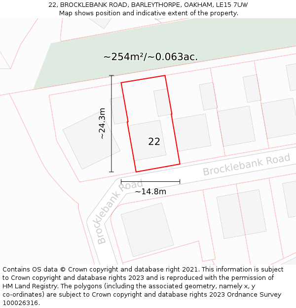 22, BROCKLEBANK ROAD, BARLEYTHORPE, OAKHAM, LE15 7UW: Plot and title map