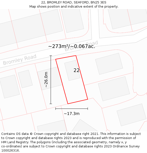 22, BROMLEY ROAD, SEAFORD, BN25 3ES: Plot and title map