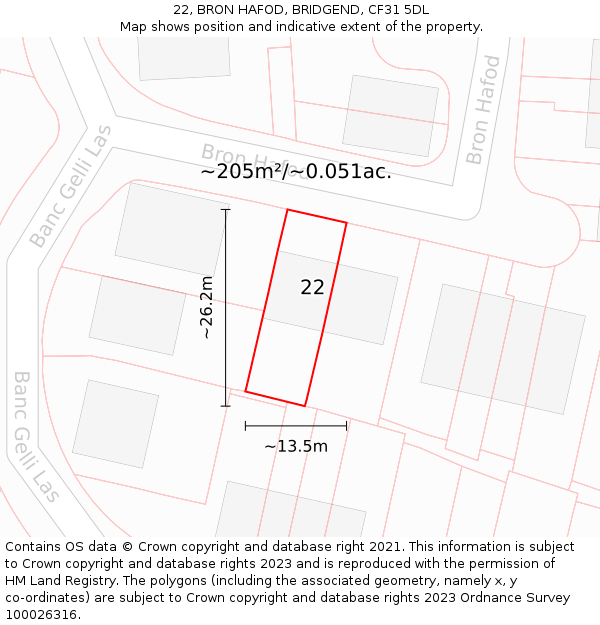 22, BRON HAFOD, BRIDGEND, CF31 5DL: Plot and title map