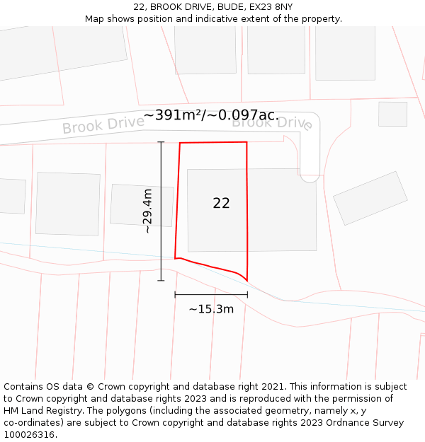22, BROOK DRIVE, BUDE, EX23 8NY: Plot and title map