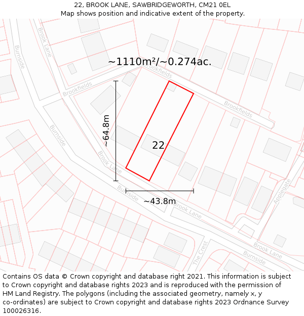 22, BROOK LANE, SAWBRIDGEWORTH, CM21 0EL: Plot and title map