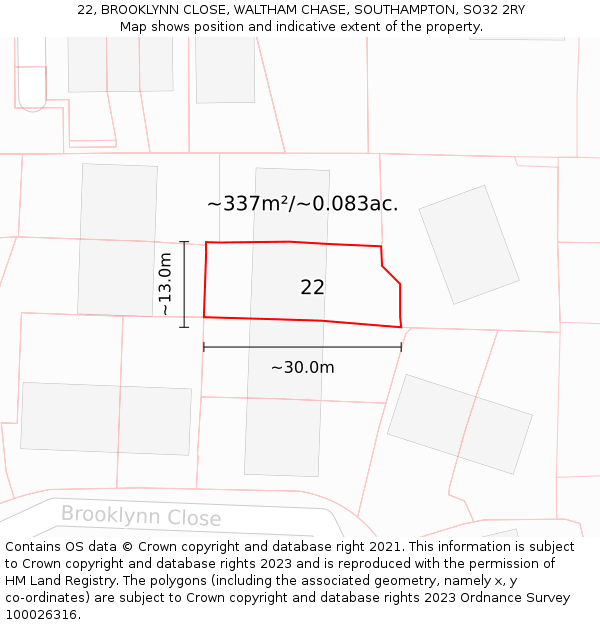 22, BROOKLYNN CLOSE, WALTHAM CHASE, SOUTHAMPTON, SO32 2RY: Plot and title map