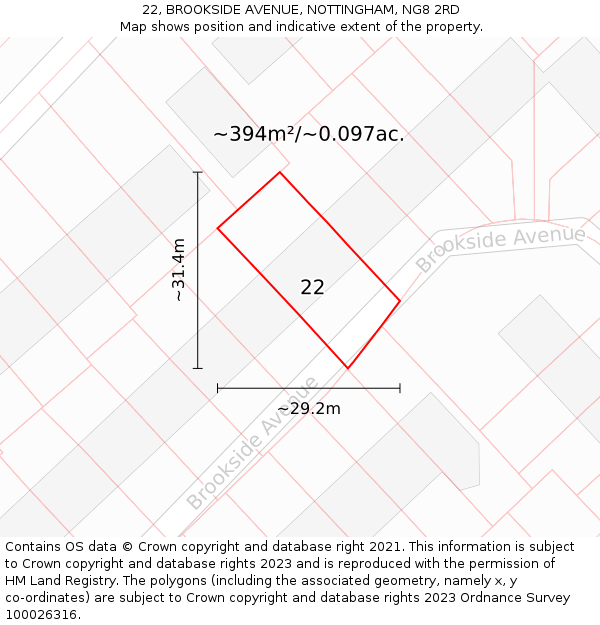 22, BROOKSIDE AVENUE, NOTTINGHAM, NG8 2RD: Plot and title map