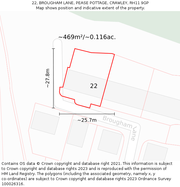 22, BROUGHAM LANE, PEASE POTTAGE, CRAWLEY, RH11 9GP: Plot and title map