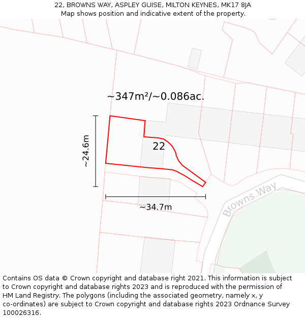 22, BROWNS WAY, ASPLEY GUISE, MILTON KEYNES, MK17 8JA: Plot and title map