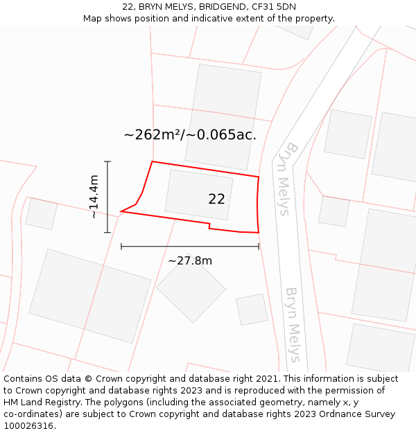 22, BRYN MELYS, BRIDGEND, CF31 5DN: Plot and title map