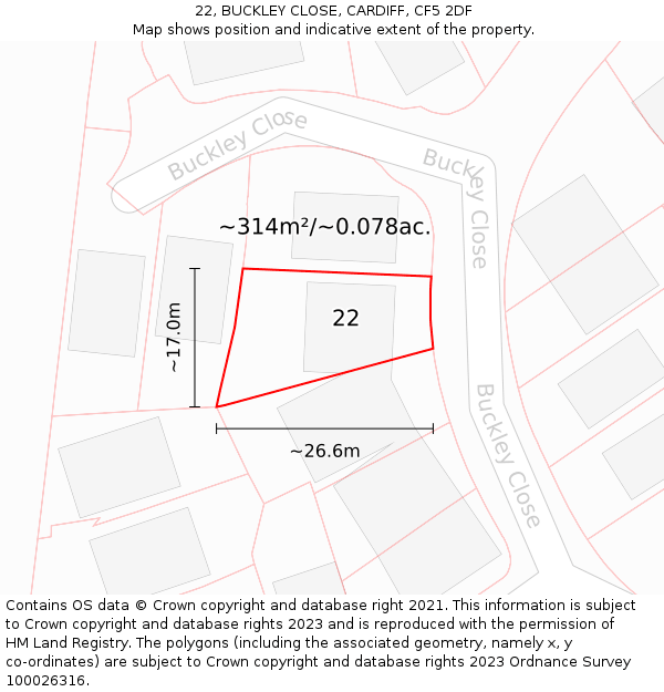 22, BUCKLEY CLOSE, CARDIFF, CF5 2DF: Plot and title map