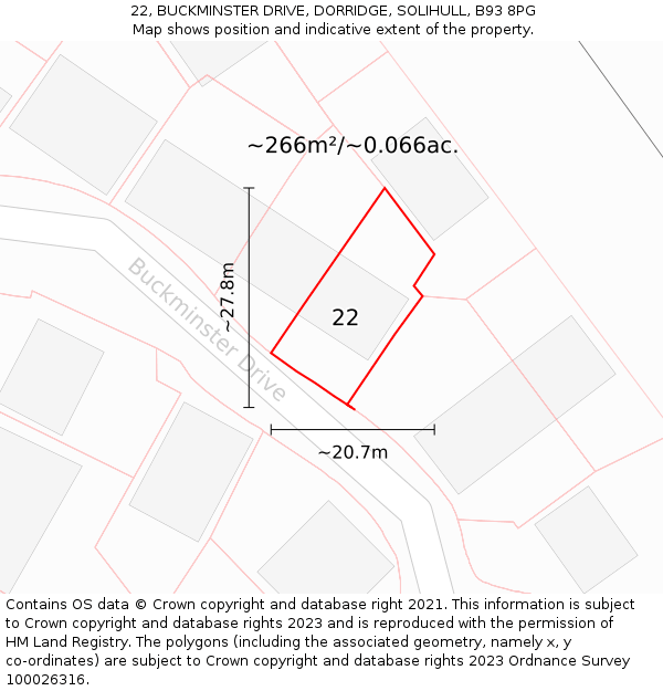 22, BUCKMINSTER DRIVE, DORRIDGE, SOLIHULL, B93 8PG: Plot and title map