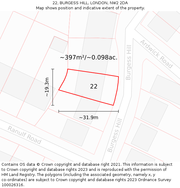 22, BURGESS HILL, LONDON, NW2 2DA: Plot and title map
