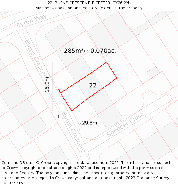 22, BURNS CRESCENT, BICESTER, OX26 2YU: Plot and title map