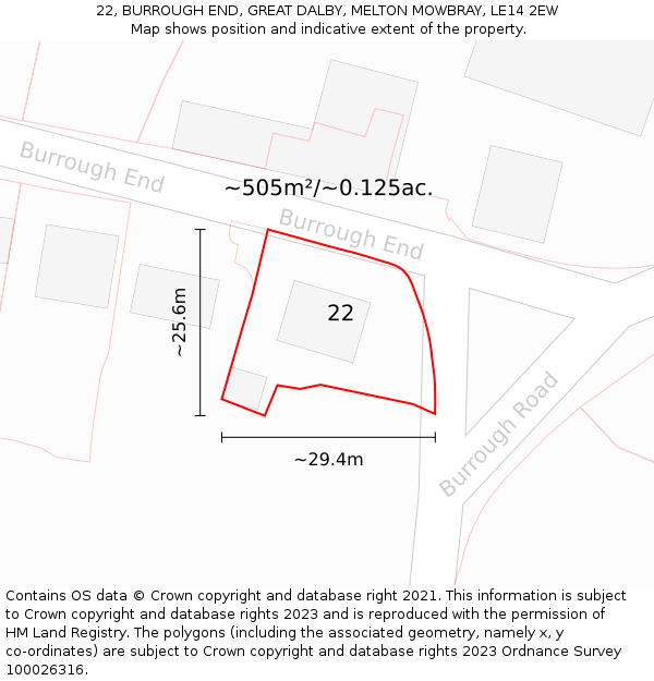 22, BURROUGH END, GREAT DALBY, MELTON MOWBRAY, LE14 2EW: Plot and title map