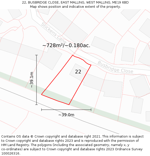 22, BUSBRIDGE CLOSE, EAST MALLING, WEST MALLING, ME19 6BD: Plot and title map