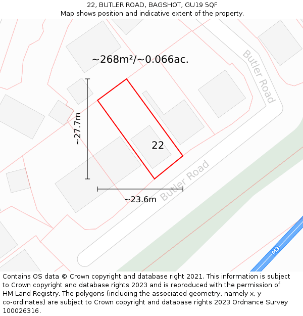 22, BUTLER ROAD, BAGSHOT, GU19 5QF: Plot and title map