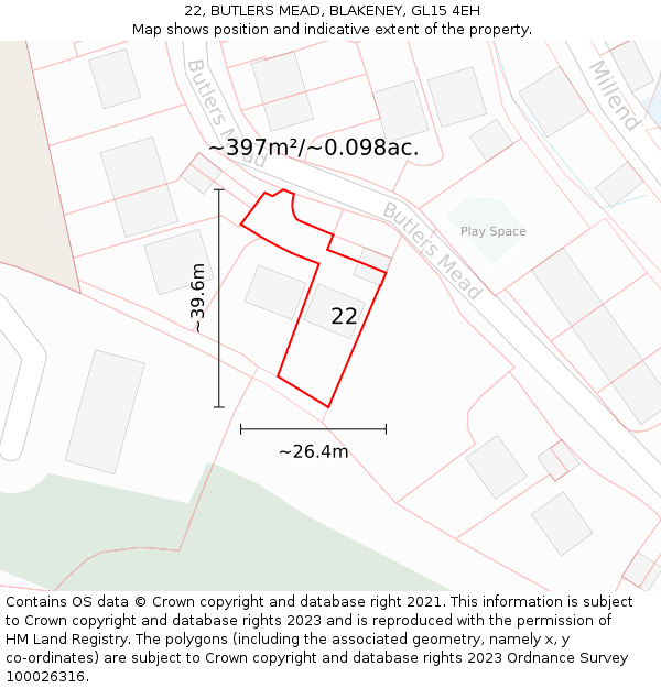 22, BUTLERS MEAD, BLAKENEY, GL15 4EH: Plot and title map