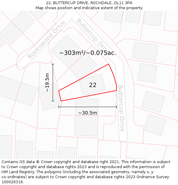 22, BUTTERCUP DRIVE, ROCHDALE, OL11 3PA: Plot and title map