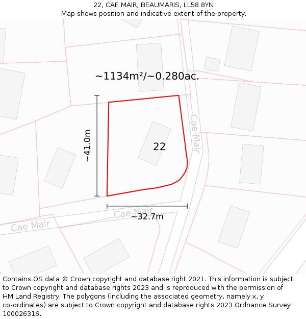 22, CAE MAIR, BEAUMARIS, LL58 8YN: Plot and title map