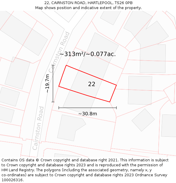 22, CAIRNSTON ROAD, HARTLEPOOL, TS26 0PB: Plot and title map